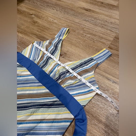Patagonia Size 10 Netty V-neck Striped Tie Back Midi Dress - Blue, Yellow, Brown - Picture 6 of 9